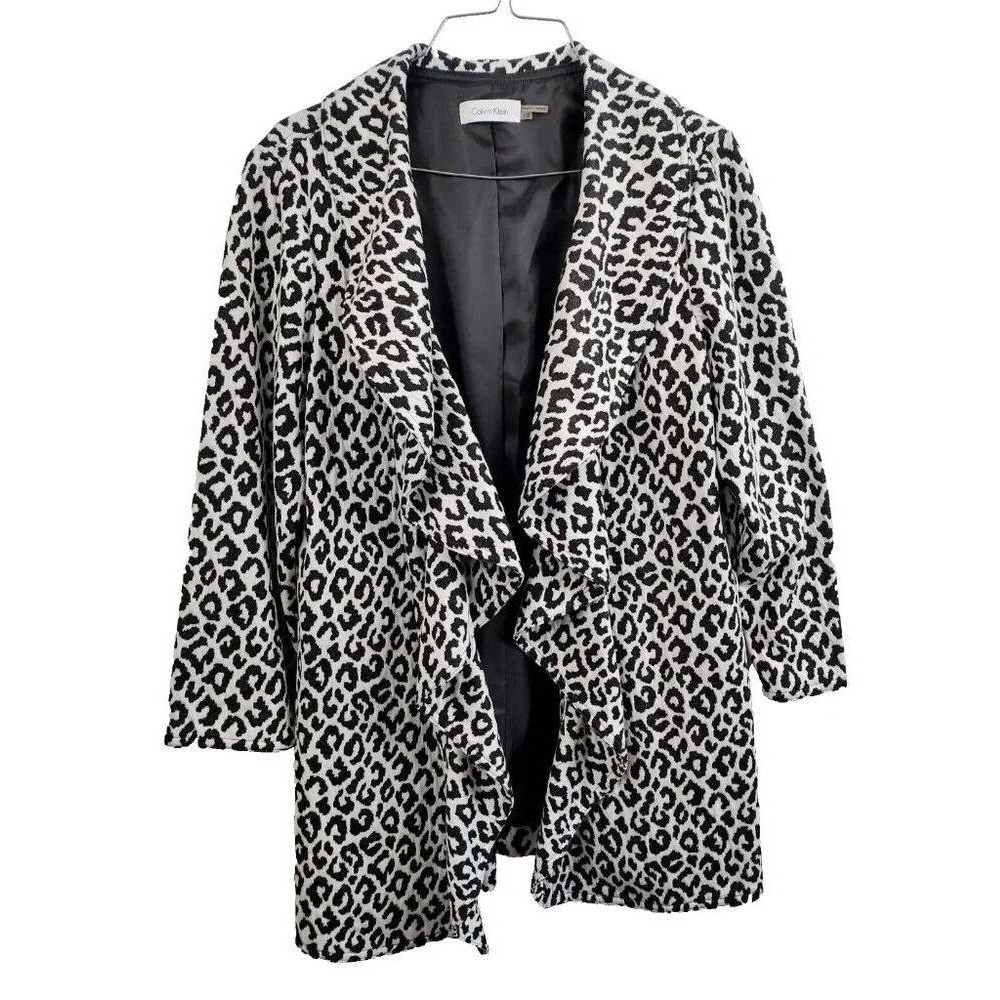 Calvin Klein Open Front Ruffle Blazer Womens 12 White Black Leopard Print Jacket